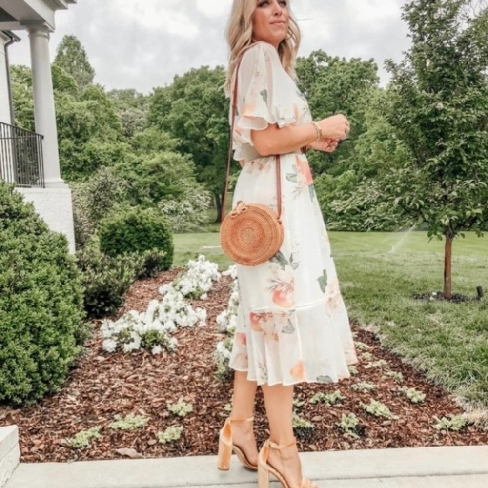 Farm Rio x Anthropologie Eloisa Peach Floral Midi Dress Flutter Sleeve White Sm - Picture 2 of 9